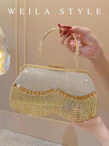 Luxury Golden Rhinestone Clutch Bag With Tassels, Sparkling Crystal Handbag For Evening Party, Wedding, Cocktail, High-End Fashion Lady Party Purse, Top-Handle, Crossbody, Small Square Clutch