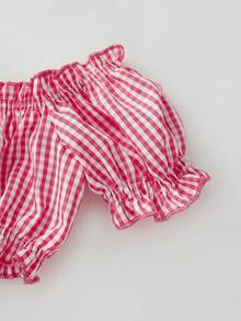 Conjunto de verano a cuadros para mujer, top corto de manga corta con hombros descubiertos y minifalda abullonada, ropa de fiesta - Rojo - Ver 6