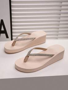 Women's Casual Rhinestone Decorative Flip Flop Sandals - Beige - View 1