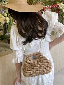 时尚编织草编手提包，优雅适合度假旅行，别致的顶部提手手提包，卡其色，轻便拉链袋 - 卡其色 - 查看 5