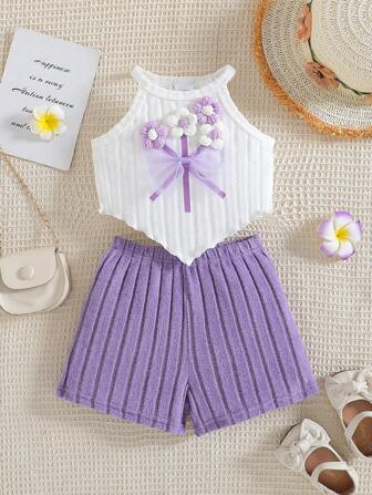 HAO6 0-3岁女婴时尚套装：米色吊带上衣，配钩针花朵和蝴蝶结，棕色罗纹短裤