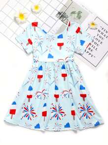 Young Girl Stretchy American Style Ice Cream & Fireworks Print Short Sleeve Dress Summer Gift, Independence Day, Party