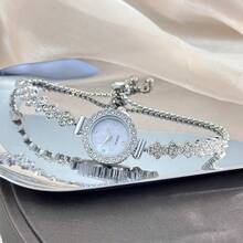 1 件女士新款休闲时尚手链表，可爱圆形合金小表盘奢华水钻链式手链表，石英表礼物 - 銀色 - 查看 4