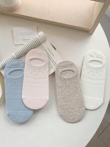 5 Pairs Women Solid Color Boat Socks, Invisible Silicone Non-Slip Breathable Hollow Out Thin Casual Socks