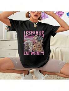 Lesbians Eat What? Funny Cat Gay Pride LGBTQ Pun Bootleg T-Shirt, Unisex Funny Weird Meme T-Shirt Tee - màu đen - Xem 2