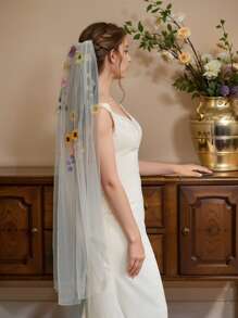 1 pièce Voile de mariée court à couche unique avec peigne, accessoire de mariage pour fête avec broderie florale colorée pour l'extérieur/pelouse