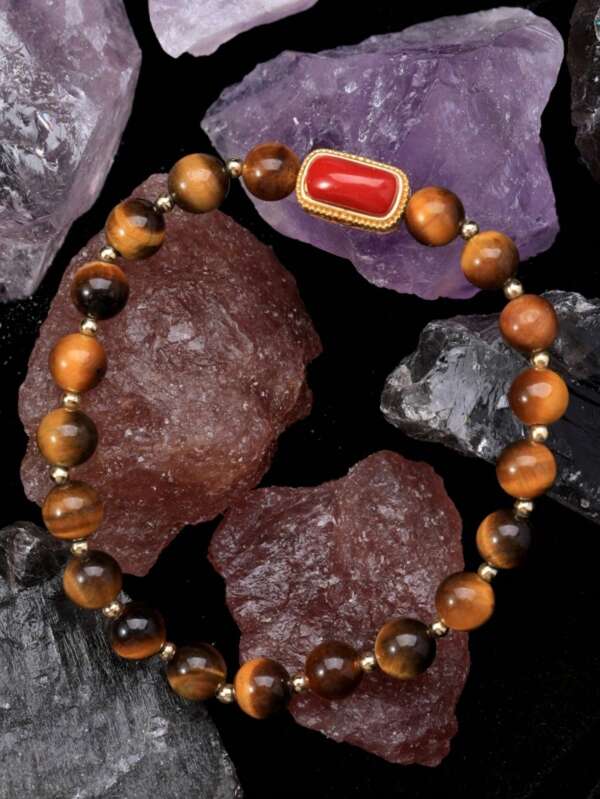 1pc 6mm Natural Gemstone Golden Tiger Eye & Carnelian Beads Elastic Bracelet, Attract Wealth, Vintage Design, Gift For Family & Friends