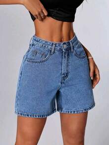 Pantalones cortos vaqueros de cintura alta, versátiles, con lavado vintage, de corte holgado y longitud hasta la rodilla, de estilo retro casual para el verano - Azul lavado medio - Ver 3