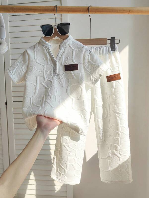 Chatreadl 2pcs Kids White Warm Thick T-Shirt And Pants Set, Autumn/Winter Knitted Jacquard