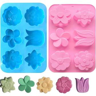 2 piezas/1 pieza Juego de moldes de silicona con forma de flor de 6 agujeros, molde de jabón DIY - Moldes reutilizables para magdalenas, moldes de silicona con forma de flor, moldes con forma de flor para postres, silicona, horneado casero, postres caseros, moldes para tartas de colores múltiples, molde para chocolate, molde reutilizable para pasteles de luna, molde para magdalenas de papel, molde para gelatina, bandeja para hornear pudín - Antiadherente y fácil de desmoldar