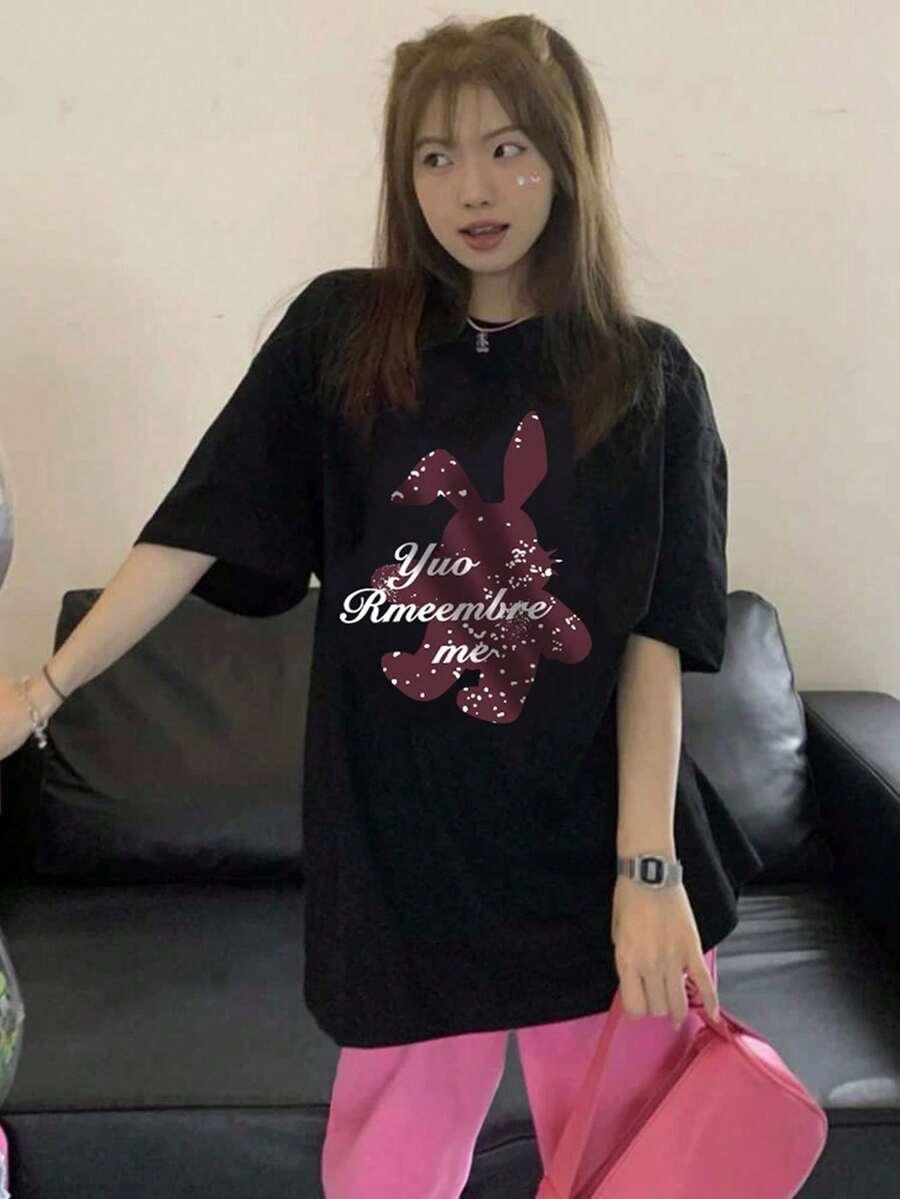 200g Pure Cotton T-Shirt 2025 Summer Ladies New Short Sleeve Pure Cotton Holiday Pattern Short Sleeve Round Neck Couple Wear Small Shirt Tops - 黑色 - 查看 1