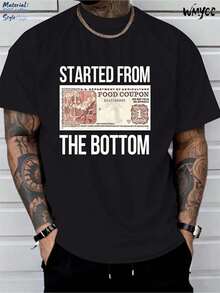 Plus Size "Started From The Bottom" Food Stamp Pattern T - Shirt-100% Cotton Round Neck Solid For Inspirational Gifts Big And Tall Men Clothing - 黑色 - 查看 1