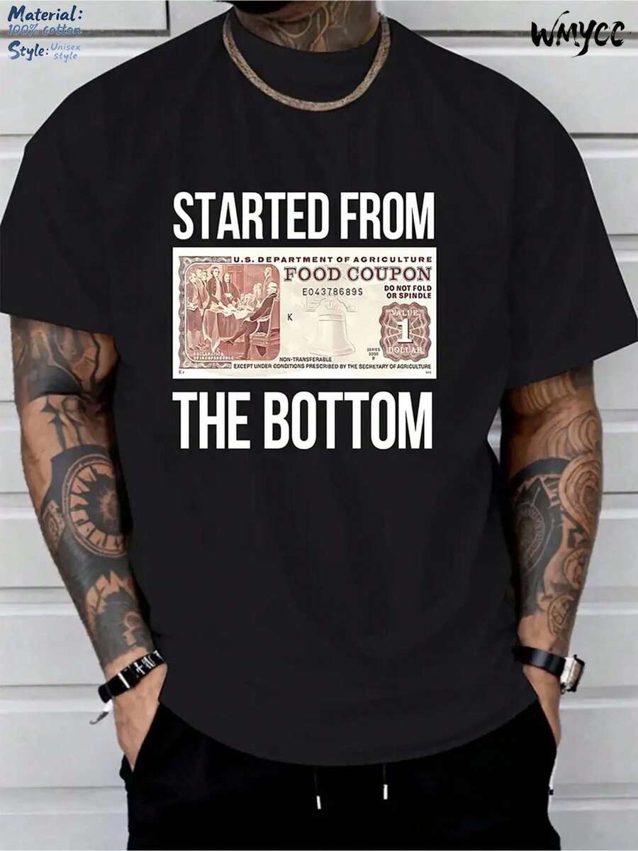 Plus Size "Started From The Bottom" Food Stamp Pattern T - Shirt-100% Cotton Round Neck Solid For Inspirational Gifts Big And Tall Men Clothing - 黑色 - 查看 1