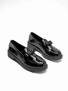 DareSee 春秋新款厚底坡跟尖头乐福鞋，加厚鞋底，英伦风低跟/粗跟/方跟，时尚百搭深V蝴蝶结女鞋，适合音乐节、Y2K音乐节、秋冬送礼等场合。 - 黑色 - 查看 3