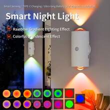 Lámpara de pared LED inteligente con batería de litio recargable y desmontable, regulable en RGB, sensor de movimiento, carga USB, 1500mAh, incluye cable USB, apta para entrada, mesita de noche, escritorio, armario, lugares secos