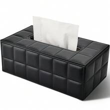 Black Checkered Rectangular Large Size Pu Leather Tissue Box Cover For Dining Table Home Bathroom Decor Bathroom Organizer Fall Decor Back To School - Black - View 4