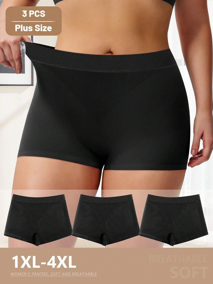 MIOTAN Set de 3 bragas talla grande para mujer, con diseños de rayas y sólidos, elásticas, suaves y transpirables - Negro - Ver 1