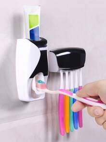2pcs/Set Toothbrush Holder, With Automatic Toothpaste Dispenser, Without Punching Holes, Wall-Mounted Fully Automatic Toothbrush Holder And Toothpaste Dispenser Set, Dustproof, Space-Saving Bathroom Organizer, Plastic Material - Multicolor - View 1