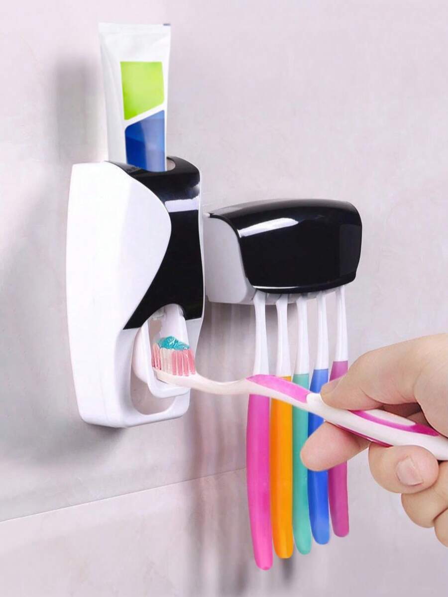 2pcs/Set Toothbrush Holder, With Automatic Toothpaste Dispenser, Without Punching Holes, Wall-Mounted Fully Automatic Toothbrush Holder And Toothpaste Dispenser Set, Dustproof, Space-Saving Bathroom Organizer, Plastic Material - Multicolor - View 1