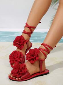 Women's Floral Print Flat Sandals, Casual Open-Toe All-Season, Low-Heel Design With Lace-Up, Imitation Leather Sole And Fabric Lining - Red - View 3