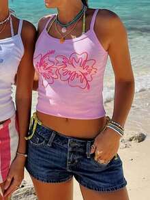 Women Y2K Floral Cami Tank Tops Cute Vintage Flower Graphic Spaghetti Strap Scoop Neck Slim Fit Camisole Crop Tops Summer Backless Sleeveless Vests Shirts Teens Girl Summer Ocean Coastal Beach Casual Going Out Tops Aesthetic Clothes Streetwear - 粉色 - 查看 3