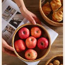 1pc Rattan Wave Rim Round Tray, Fruit Plate, Kitchen Storage Basket, Vegetable Basket, Handwoven Rattan Storage Bin - Brown - View 8