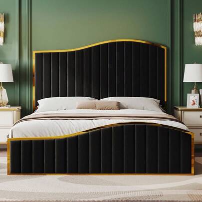 Merluxy 61.4 Inch Velvet Upholstered Bed Frame With Gold Trim Headboard And Footboard, Vertical Channel Harp Design Platform Bed With Sturdy Wooden Slats, No Box Spring Required