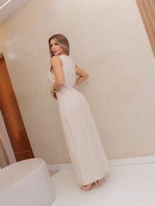 Women's Long Straight Linen Dress With Pocket - Off - View 3