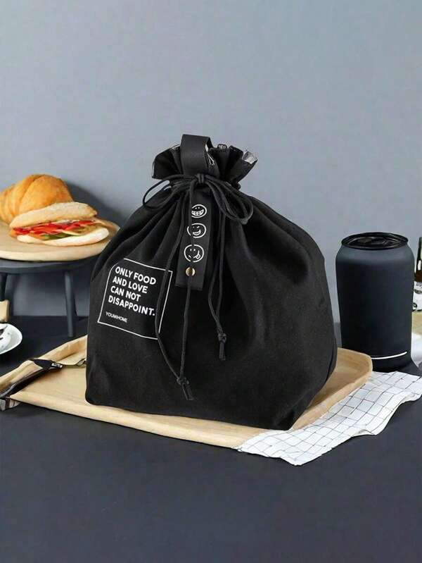 Bolsa de almuerzo aislada con cordón, estilo japonés de lona de lienzo industrial para picnic Bento (material del cordón aleatorio) para volver a la escuela, bolsa para cosas de la escuela, bolsa de almuerzo para mujeres, accesorios de picnic
