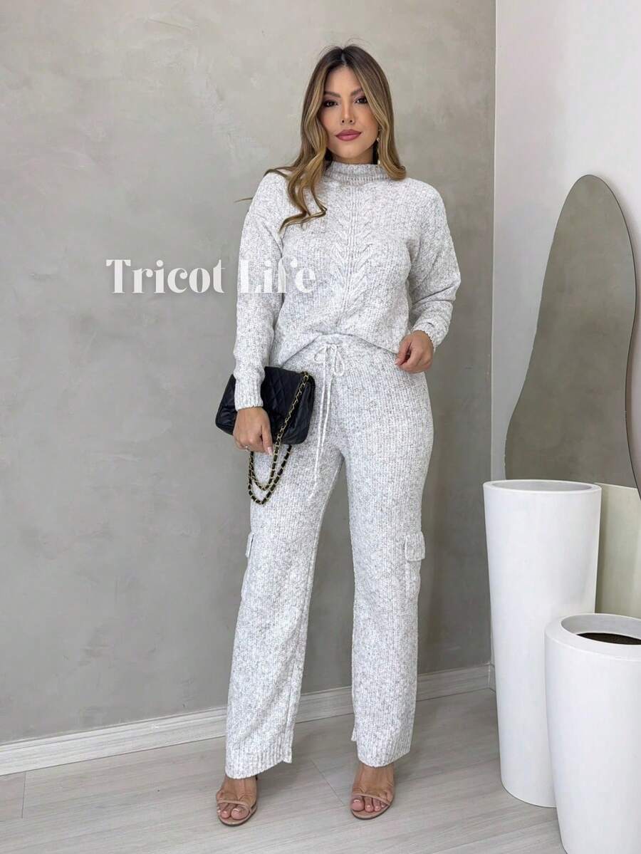 Mousse Knit Set With Blouse And Cargo Pants With Elegant Casual Weave - Caqui - Ver 1