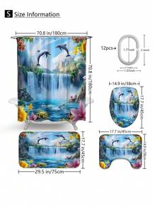 1pc/4pcs Dolphin Waterfall Pattern Multipurpose Bathroom Decor Set Including Waterproof Shower Curtain With 12 Hooks, Anti-Slip Bath Mat, U-Shaped Floor Mat And Round Toilet Lid Cover, Suitable For All Bathroom Scenarios Bathroom Accessories