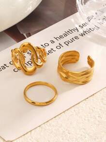 3pcs Stainless Steel Plated Gold Geometric Cross & Ellipse Openwork Rings, Stylish For Women Everyday Wear & Outdoor