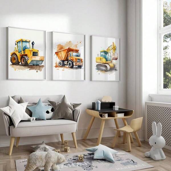 Cartoon Bulldozer Bagger Baufahrzeuge Wandkunst Drucke für Kinderzimmer, Babyzimmer (ungerahmt)