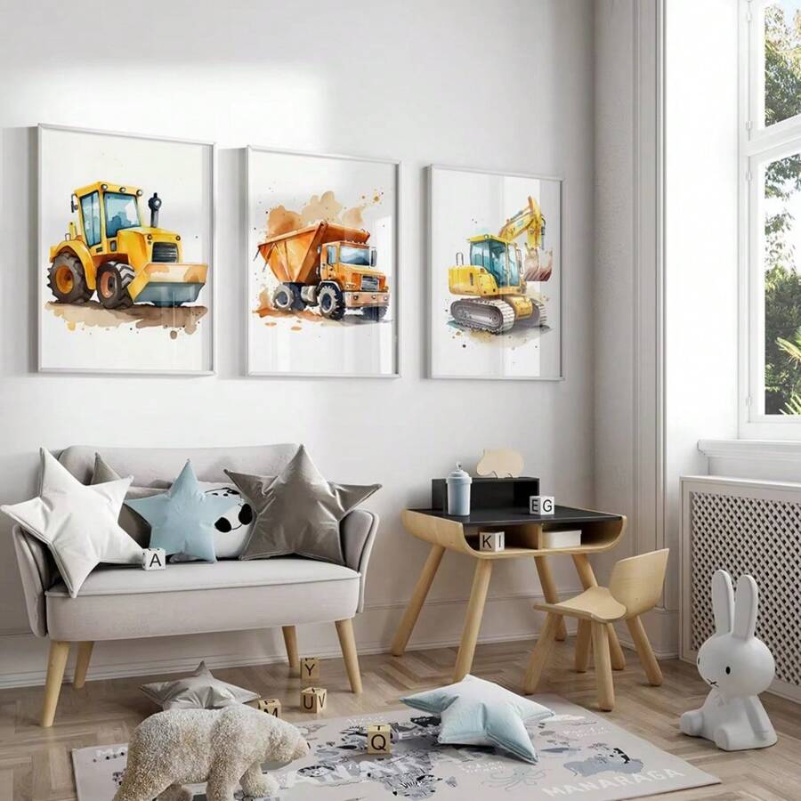 Cartoon Bulldozer Bagger Baufahrzeuge Wandkunst Drucke für Kinderzimmer, Babyzimmer (ungerahmt)