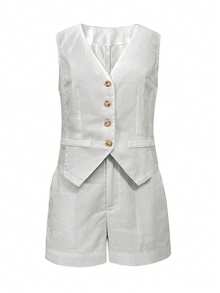 Women's Linen Sleeveless Blazer Vest And Shorts Set, Casual Holiday Outfit Spring/Summer - Light Grey - View 10
