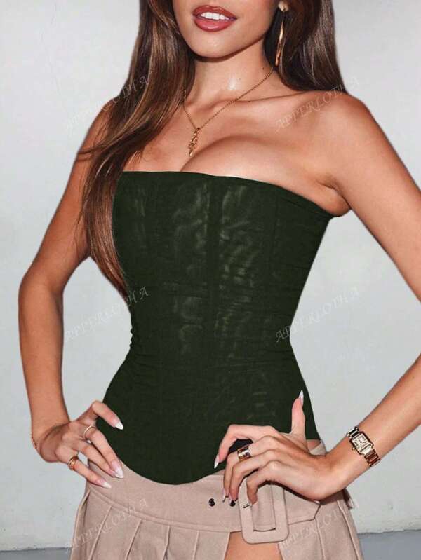 Apperloth A Top tube élégant vert avec corset baleines, top maille semi-transparent avec laçage au dos. Gaine du corps pour un port décontracté et sexy au quotidien ou pour sortir