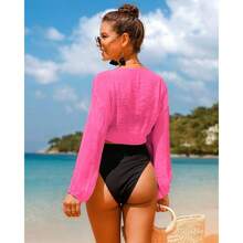 Women's Swimwear Cover Ups Tops Tunic Self-Tie Swimsuit Bikini Bathing Suit Long Sleeve Soft Beach Shirt For Women-X-Small - Rose - View 5
