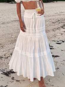 Falda larga con parches de encaje blanco de talle alto con efecto de "bubble", estilo bohemio, adecuada para festivales de música, conciertos, fiestas de Coachella, uso diario de chicas jóvenes, fotos de playa y vacaciones, estilo bohemio de verano