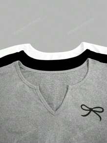 3pcs Women Casual Bowknot Print Detail Minimalist Solid Color Ruched Crew Neck Short Sleeve T-Shirt Top Set