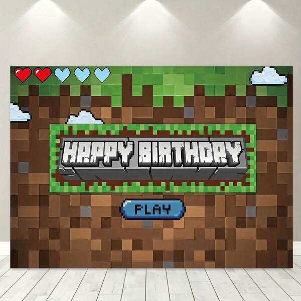 1pc, Pixel-Style Birthday Party Background Banner, Polyester Material, Suitable For Birthday Parties, Cake Table Banners, Photo Booths, Cartoon Game Party Background Decoration Items And Gifts