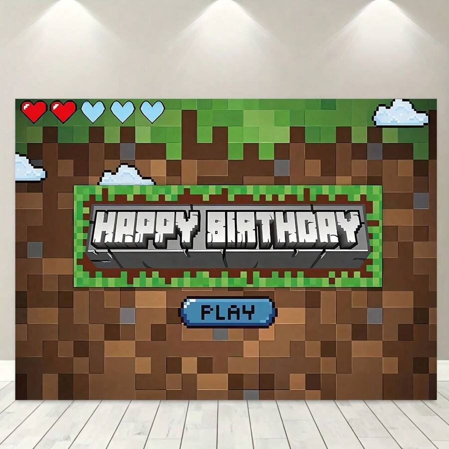 1pc, Pixel-Style Birthday Party Background Banner, Polyester Material, Suitable For Birthday Parties, Cake Table Banners, Photo Booths, Cartoon Game Party Background Decoration Items And Gifts