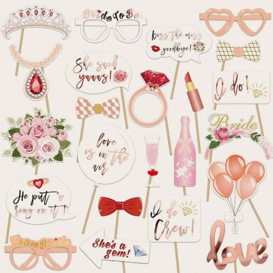 23pcs Bridal Shower, Wedding Photo Booth Props, Rose Gold Bachelorette Party Decorations, Bride To Be, Miss To Mrs Party Gift Accessories Wedding Favor Supplies - Multicolor - View 1