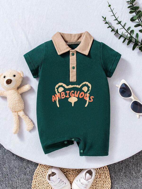 Conjunto de ropa de moda para niño, pelele suelto de manga corta con cuello polo de color verde y contraste, con estampado lindo de oso para bebés niños