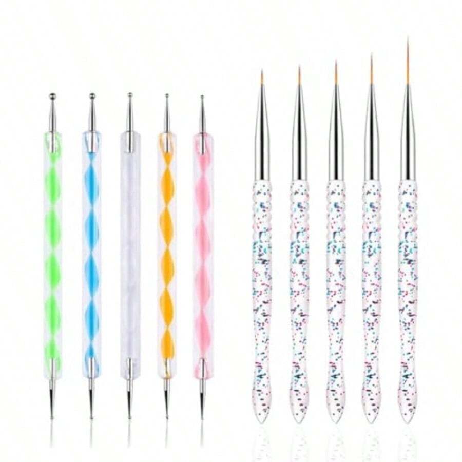 Nail Dotting Tools 10 Pcs Kit 5 Pcs Doubleend Nail Dotting Tools And 5 Pcs Nail Art Liner Brushes Nail Art Design Tools - Multicolor - View 1