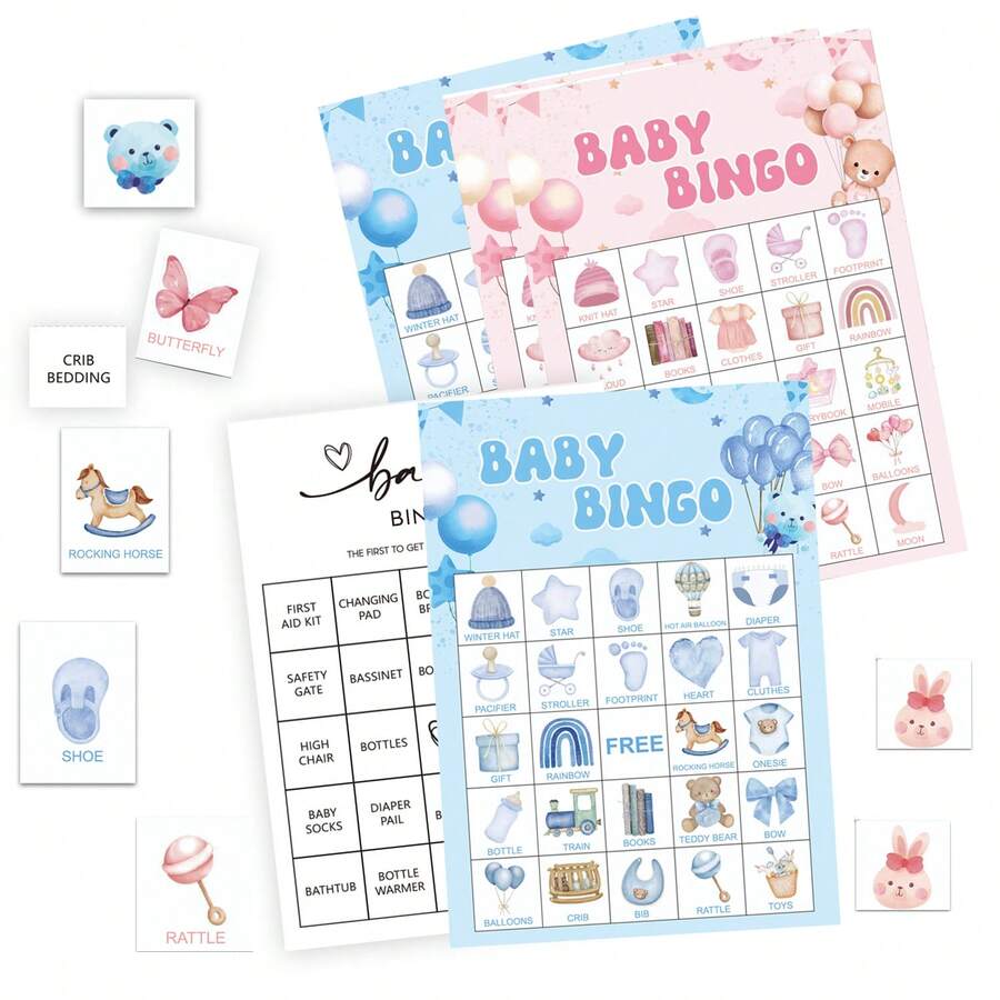 33 件套，粉色和蓝色 BabyShower 派对 24 人宾果游戏卡套装，青少年淋浴装饰和游戏性别揭秘派对，送给新父母的绝佳礼物，性别揭秘派对用品 - 彩色 - 查看 1