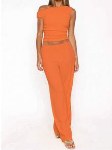 Pleated Design Slim Fit Flattering Oblique Shoulder Top - Burnt Orange - View 3