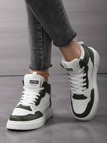 女士多功能高帮运动鞋，休闲运动鞋，适合所有季节，有白色/黑色/绿色/黄色/红色/棕色可选，防滑轻便运动鞋，厚底运动鞋，圆头系带女鞋，适合派对、日常穿着、学生礼物 - 橄欖綠 - 查看 4