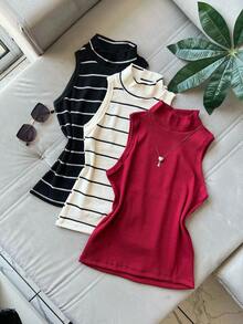 3 Pieces Tank Top Kit With High Neck Ribbed Fabric Striped Basic Long Tank Top Winter Fashion Color Block Cut And Sew Striped Casual Elegant Knitted Button - BỘ 3 RƯỢU VANG - Xem 2