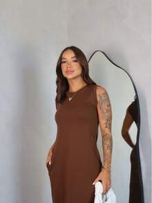 Long Dress With Slit And Pockets 100% Cotton - Óxido marrón - Ver 7