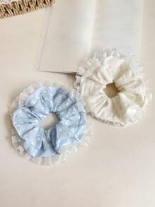 1pc Vintage Ditsy Floral Lace Trim Hair Scrunchie, Elegant Bun/Ponytail Hair Tie, Sweet Hair Accessory